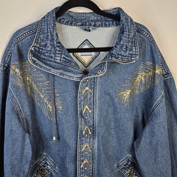 VTG 90s Coat Jacket Large Denim Oversized Puff Paint Embellished Southwestern - Picture 2 of 15